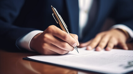 Close-up of a businessperson's hand holding a pen to sign an official document, showcasing professionalism and agreement.
 - obrazy, fototapety, plakaty