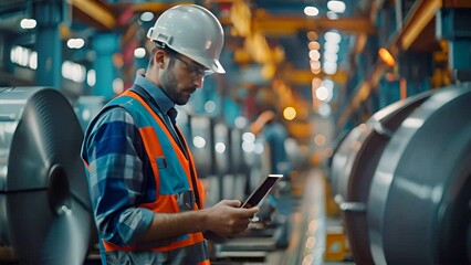 Worker checking stock in the rows of steel coils in a warehouse