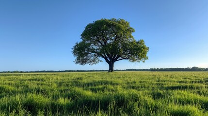 Fototapeta premium Tree on a meadow against a blue sky.