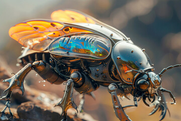 Sci-fi inspired beetle robot detailed macro photography reveals its metallic carapace and intricate wings.