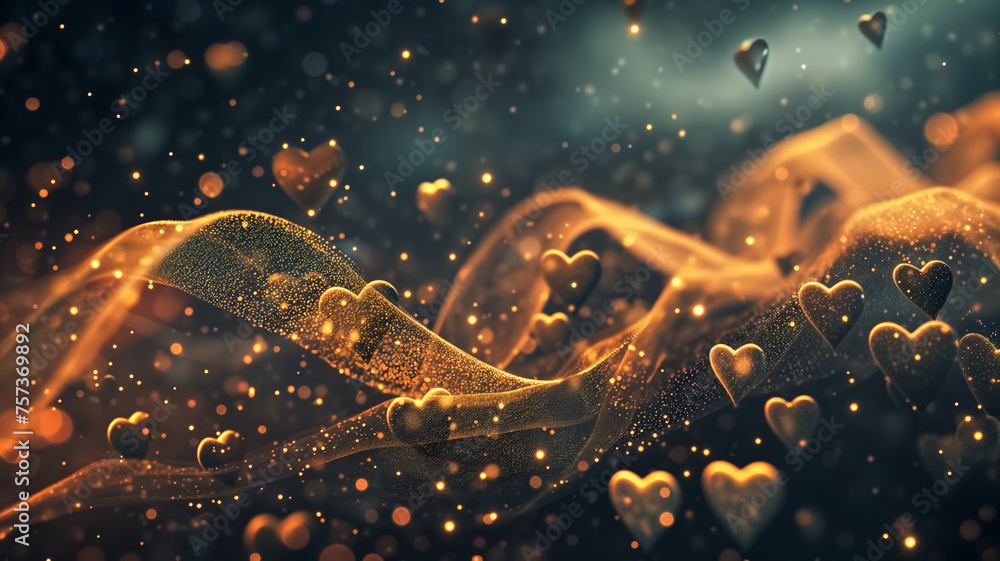 Poster abstract composition of glowing heart shapes and sparkling particles flowing in a dark space, evokin