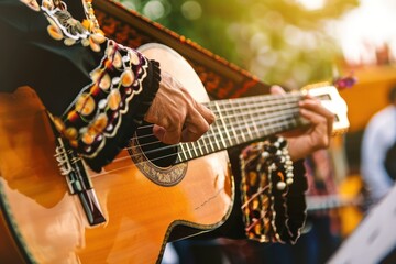 A man is playing a guitar. Concept of joy and liveliness. Mariachi musician playing guitar at Cinco...