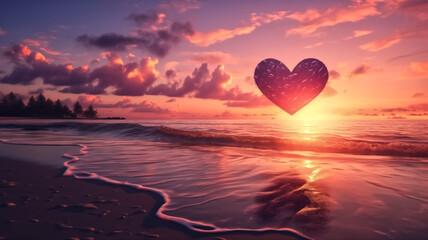 Fototapeta premium A digital artwork of a heart-shaped sun setting over a tranquil ocean with a pink-hued sky. 
