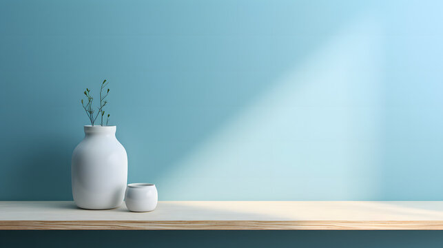 A calming image of a modern white vase and cup set on a wooden shelf against a blue backdrop