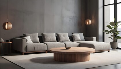Round wood coffee table near grey corner sofa in room with concrete wall. Minimalist, loft home interior design of modern living room.