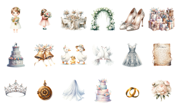 Watercolor wedding clipart set. Hand drawn illustrations isolated on white background.