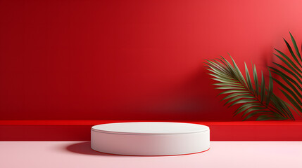 A lush palm leaf in a minimalistic setting with a monochromatic red color scheme, emphasizing simplicity and design