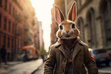 Easter bunny wearing a jacket and jeans jacket standing in the city - obrazy, fototapety, plakaty