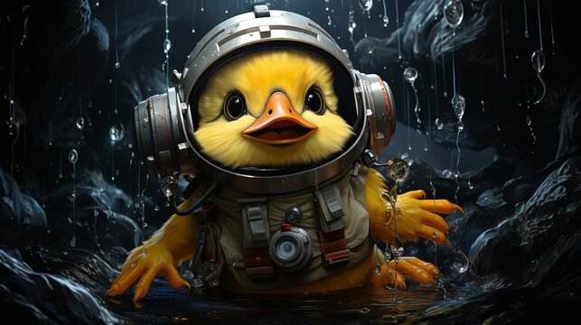 A duck wearing a space suit is floating in a pool of water