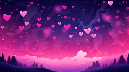 A whimsical digital illustration of vibrant pink hearts ascending into a starlit night sky over a serene landscape. 