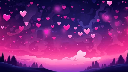 Fotobehang Roze A whimsical digital illustration of vibrant pink hearts ascending into a starlit night sky over a serene landscape. 