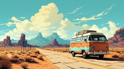 Pixel art hippie van on desert road