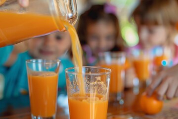 Selective focus on orange juice pouring from jug into glass with little children in background