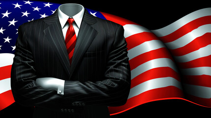 A man in a suit is standing in front of the American flag. The man is wearing a red tie and a black suit. Concept of authority and power