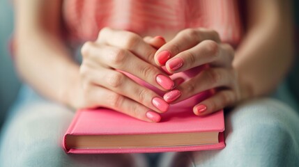 Girl wearing pink nail paint has her hand on a book