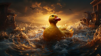 A duck is swimming in a body of water with a sunset in the background
