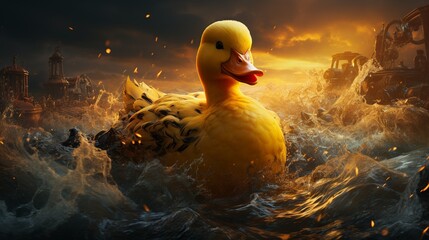 A duck is swimming in a body of water with a dark background
