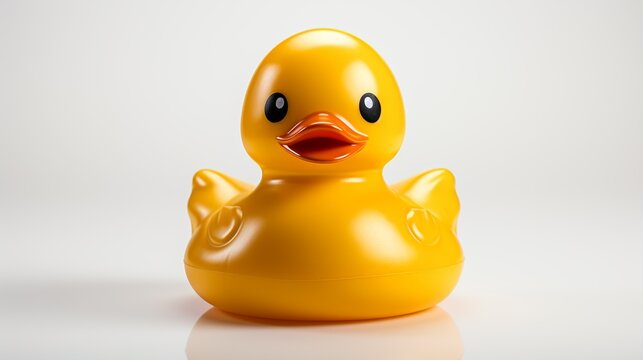 A yellow rubber duck sits on a white background