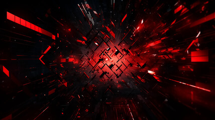 Dynamic abstract image with an explosion of red and black geometric shapes, giving a sense of...