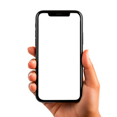 Mano sosteniendo un moderno teléfono móvil.
Mock-up de teléfono celular con pantalla blanca sobre fondo transparente. - 757371212