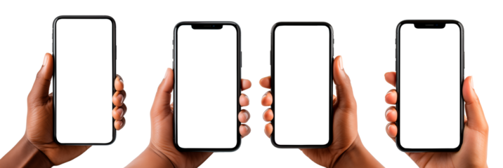 Mano sosteniendo un moderno teléfono móvil.
Mock-up de teléfono celular con pantalla blanca sobre fondo transparente.