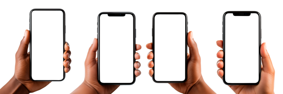 Mano sosteniendo un moderno teléfono móvil.
Mock-up de teléfono celular con pantalla blanca sobre fondo transparente.
