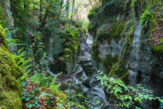 Narrow canyon in Gorges du Fier with steep sided river