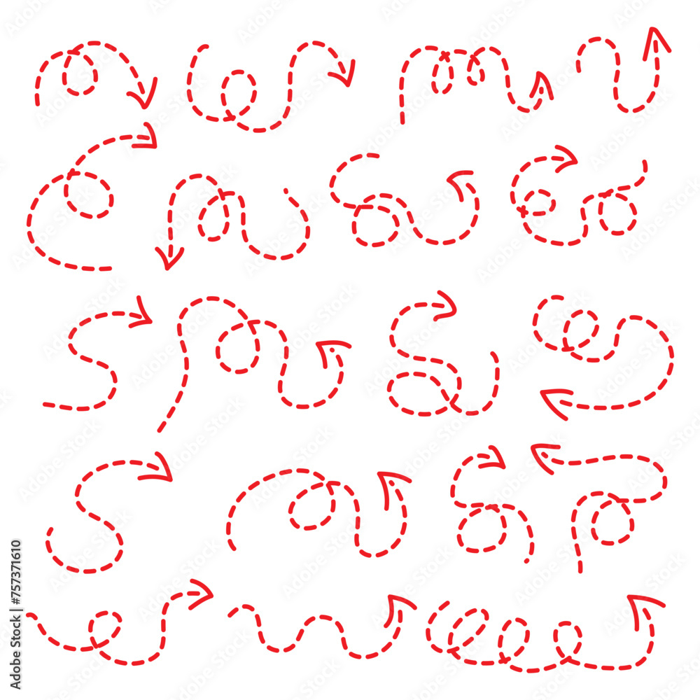 Poster curved dotted arrow. big set arrows and directions signs. dotted line arrow. dashed arrow set. vecto
