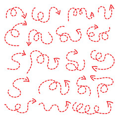 Curved dotted arrow. Big Set Arrows and directions signs. dotted line arrow. Dashed arrow set. Vector doodle dot line. Thin pointer arrows.