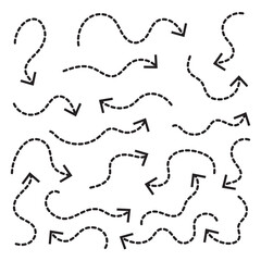 Set of curved dotted arrows. Hand drawn dotted arrow line clip art. Zigzag arrow stripes design with dotted lines. Sketch curved. 11:11