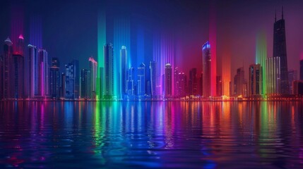 Dazzling Cityscape Illuminated with Vibrant Neon Lights Reflecting on Water