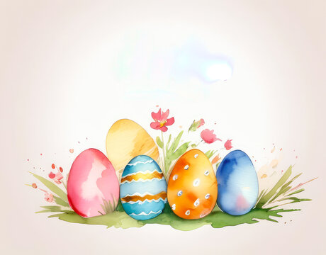 Watercolor painted eggs and flowers for Easter, white background and copy space