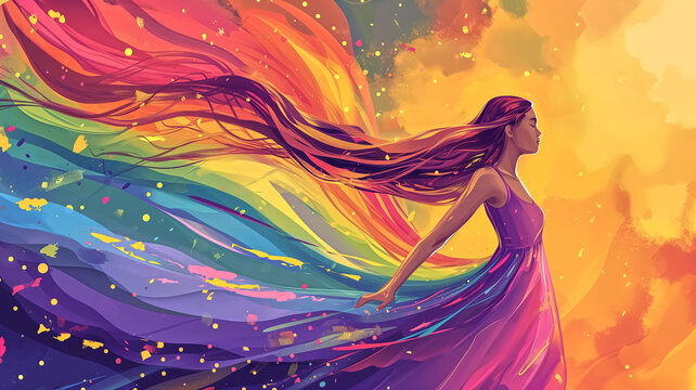 Vibrant digital artwork depicts a woman with long, flowing hair in a multicolored, abstract environment, evoking a sense of freedom and creativity.
