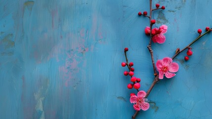 Pink Flower on Branch Against Blue Wall