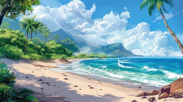 Charming Coastal Scene Illustration Wallpaper