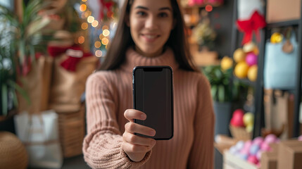 promoção de pascoa de maquete! mulher feliz segurando o celular para frente, celular em primeiro plano