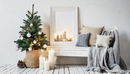 White blank wooden frame mockup with Christmas tree, candles, linen cushions and plaid on the white bench. Poster product design. Scandinavian home decor, nordic design