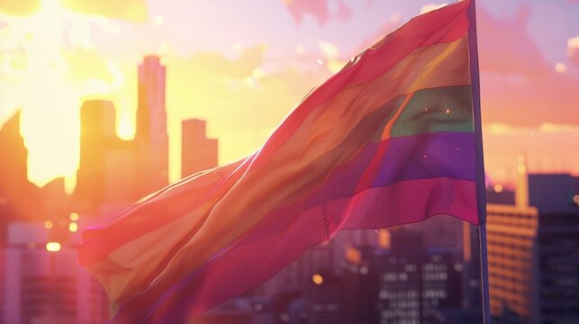 Pride Flag Waving at Sunset in the City