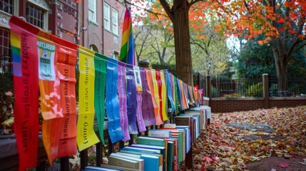 Vibrant Display of Rainbow Flags and Books Outdoors in Autumn