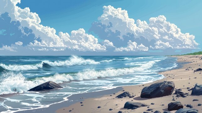 Illustration Featuring Calm Sea Shore Wallpaper