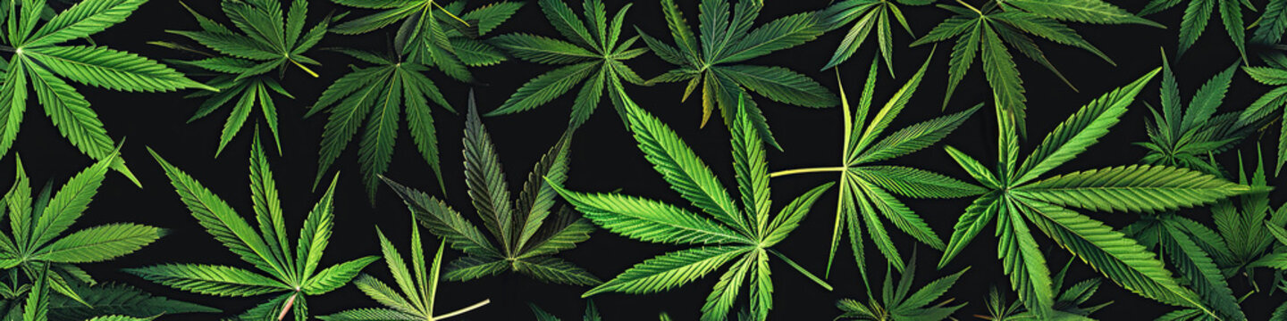 seamless pattern with green cannabis marijuana leaf on black background for decoration of fabric and textile