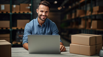 Man working on a laptop in a warehouse environment, with shelves stocked with boxes in the background