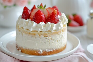 Angel cake dessert with whipped cream. Traditional white sponge pie with berries. Generate ai