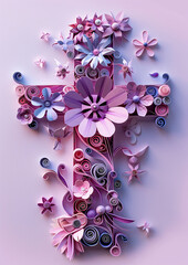 Paper art cross and flowers, Easter