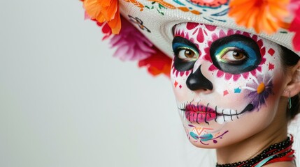 A woman with a painted face and a sombrero. Mexican Skull Face Paint Cinco de Mayo Calavera