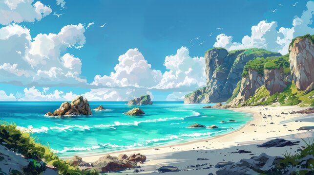 Coastal Paradise Illustrated in Wallpaper