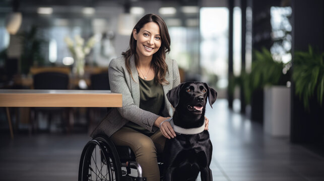 Happy woman in a wheelchair with a joyful service dog by her side in company office.