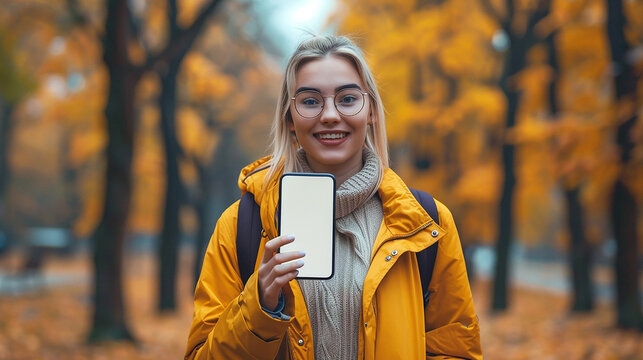 promoção de outono de maquete! mulher feliz segurando o celular para frente, celular em primeiro plano