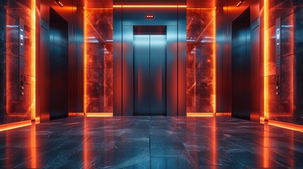 Elevator or lift doors made of metal closed in a building with lighting.