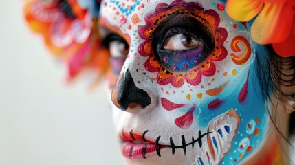 A woman with a painted face that has a skull on it. Mexican Skull Face Paint Cinco de Mayo Calavera